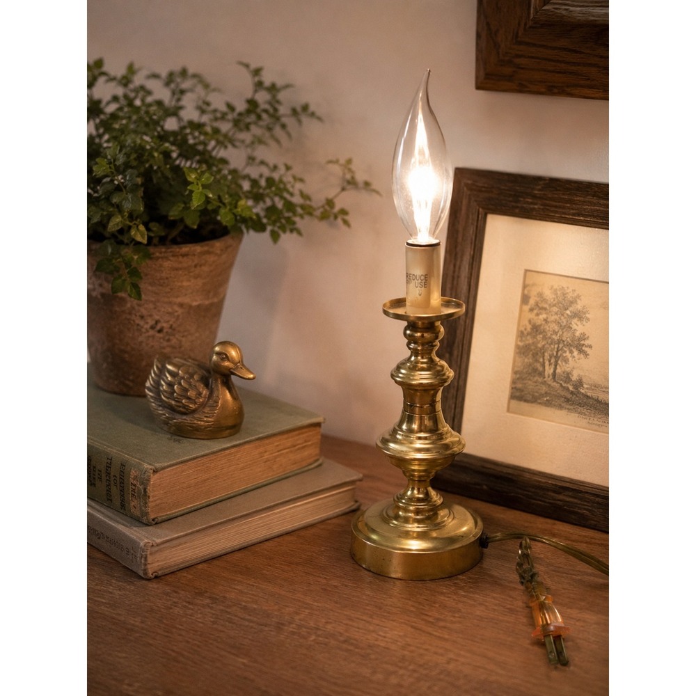 Vintage Brass Candlestick Lamp Gold Traditional Weighted Base Made in Taiwan